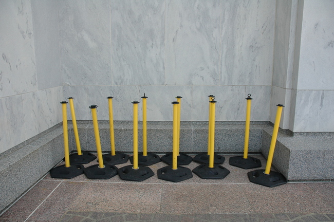 A cluster of cordon-stands outside The Library of Congress