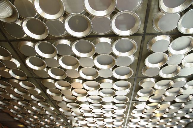 A ceiling full of pie pans.